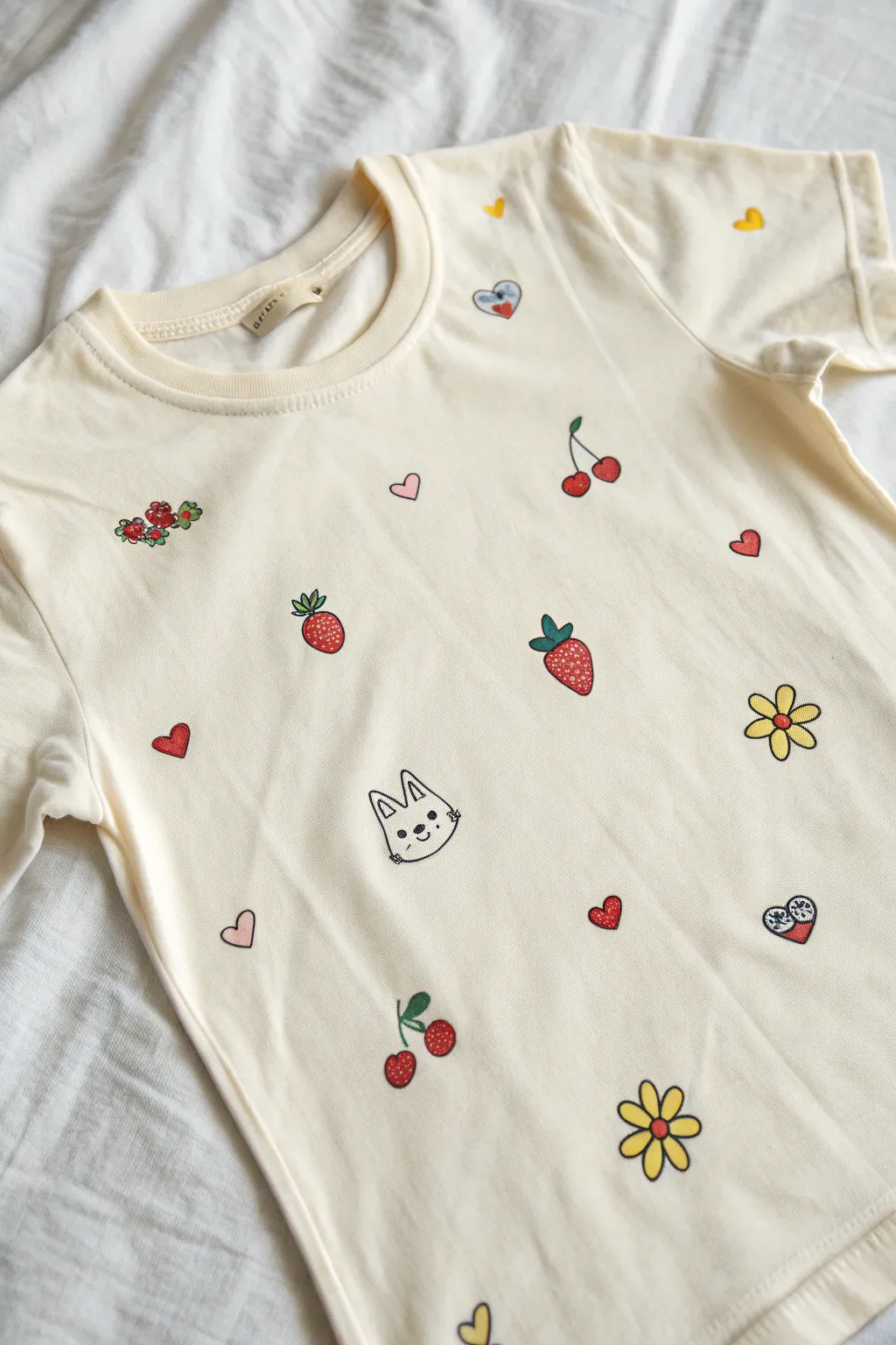 Doodle patchwork tee: spaced mini painted hearts, fruits and tiny animals on a clean plain shirt