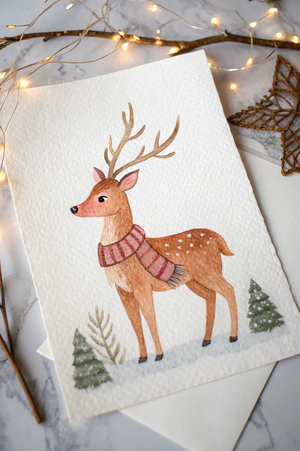 Playful reindeer painting idea with cozy scarf, warm browns, and subtle snowy sparkle.