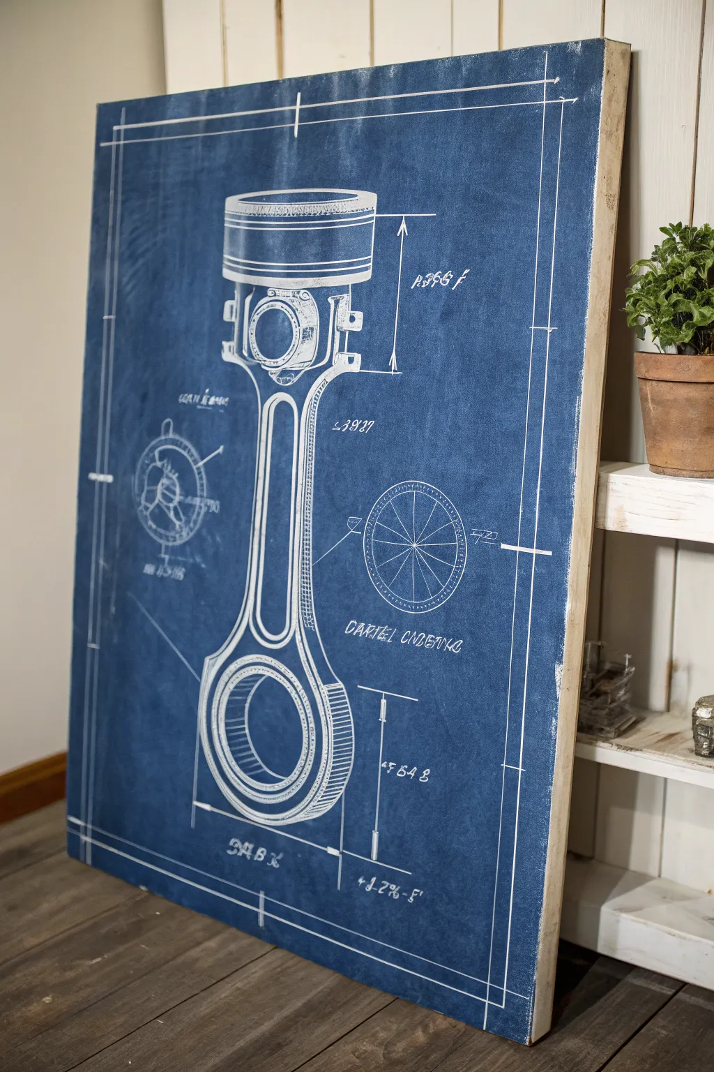 Blueprint-inspired tool study: deep indigo canvas with delicate chalk lines and calm contrast.