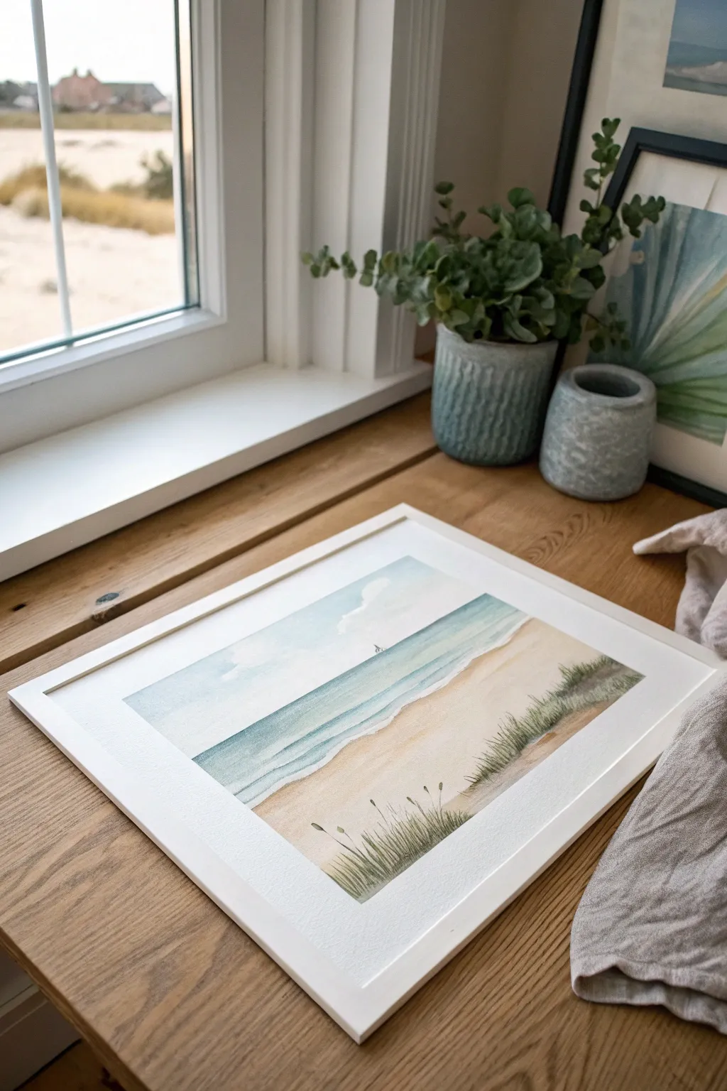 A simple beach landscape painting idea for Mom, calm tones, soft light, and handmade charm