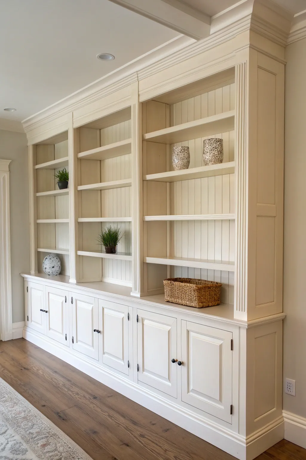 Satin-painted knotty pine built-ins with subtle knots for a custom, calm Scandinavian vibe.