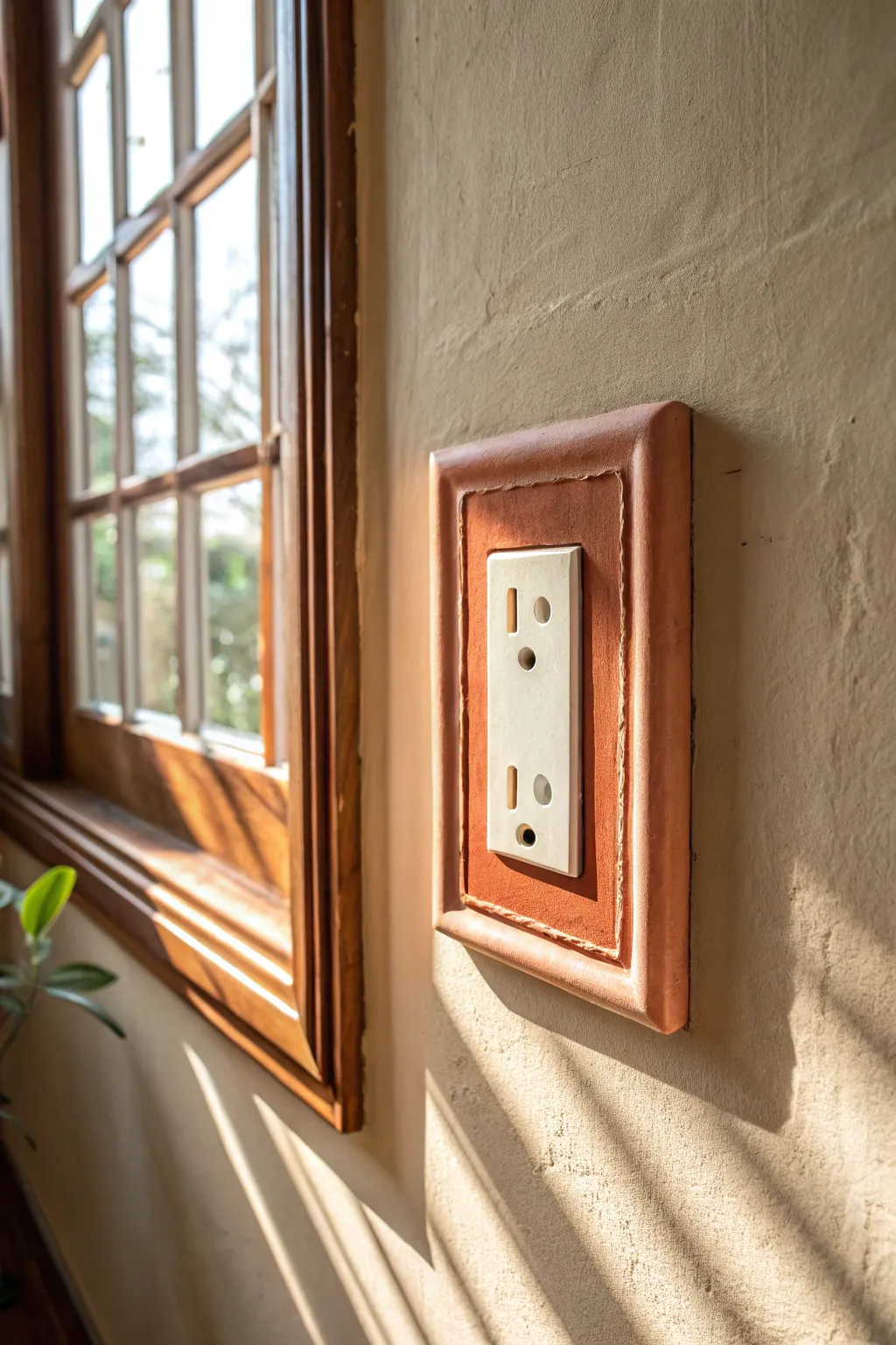 Tiny framed detail: a solid-painted outlet cover with a crisp border line to elevate the wall.
