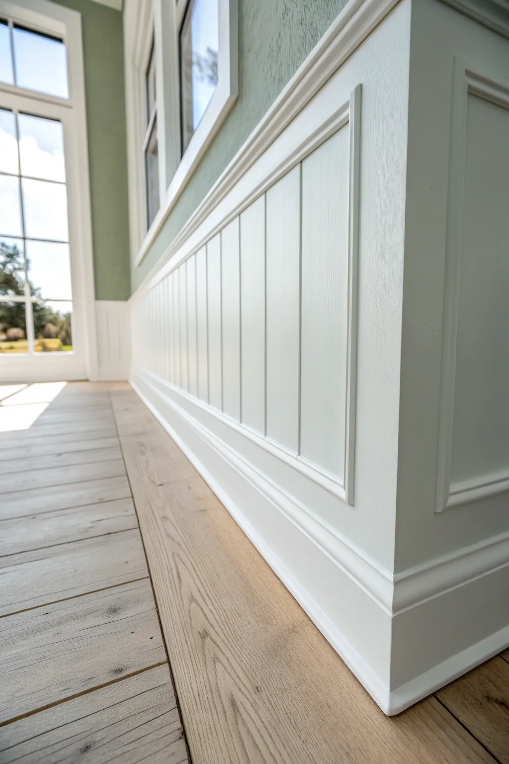 Bright white trim against softly colored paneling for a crisp, freshly painted finish.