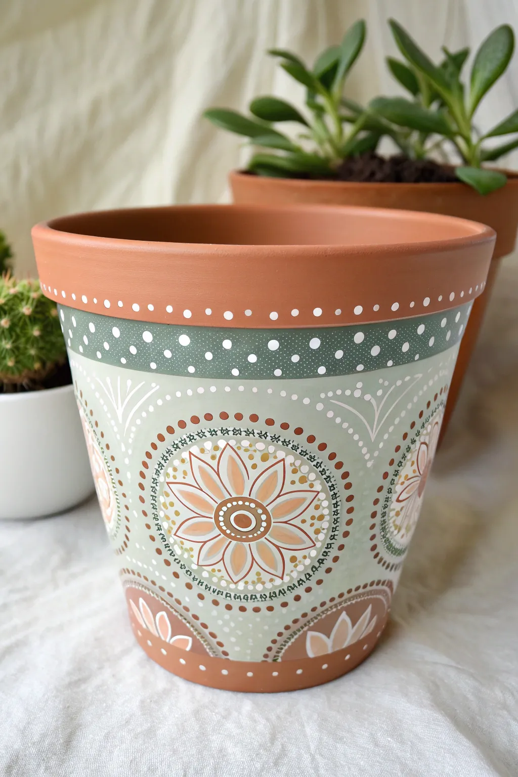 Top-down mandala dot ring on a plastic pot, calm boho-minimal style with crisp contrast