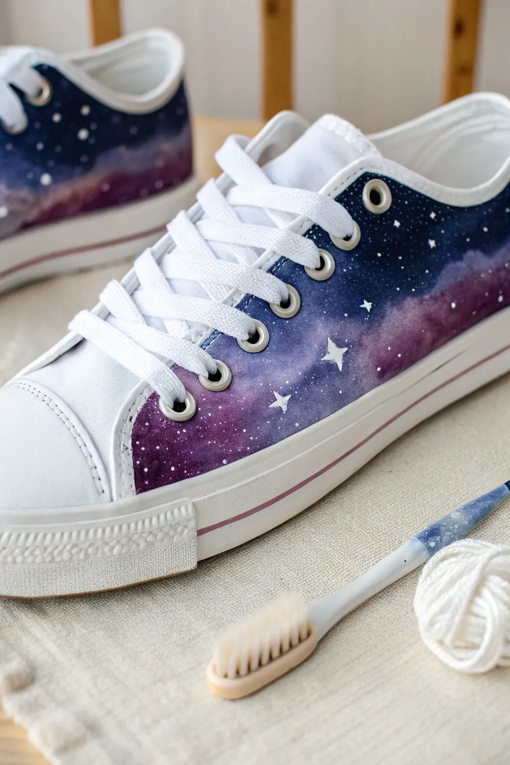 Galaxy night sky sneaker with nebula blending and delicate star splatter for dreamy DIY flair
