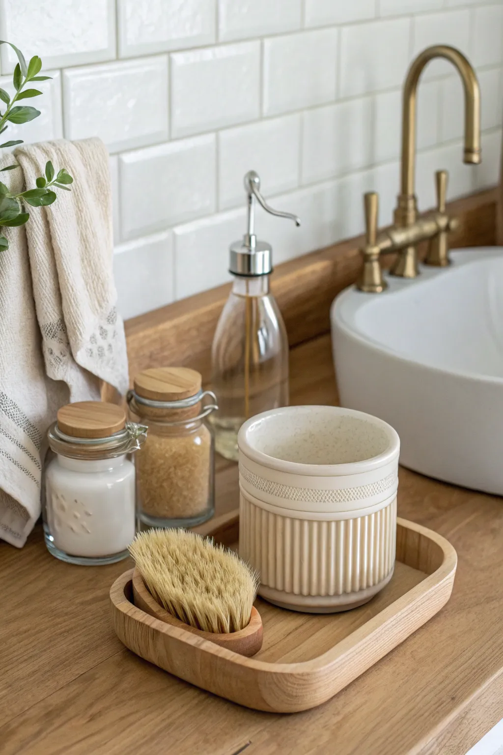 Minimal brush-cleaning station with rinse jars, soap, towel hooks, and a drying cup