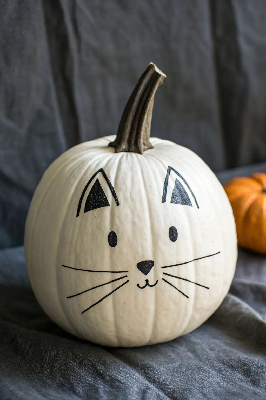 Minimal black cat face on a white pumpkin, high-contrast and beautifully simple.