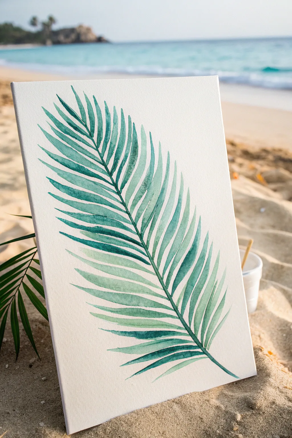 Crisp fork-dragged palm fronds over a minimal beach wash, perfect for easy tropical painting.