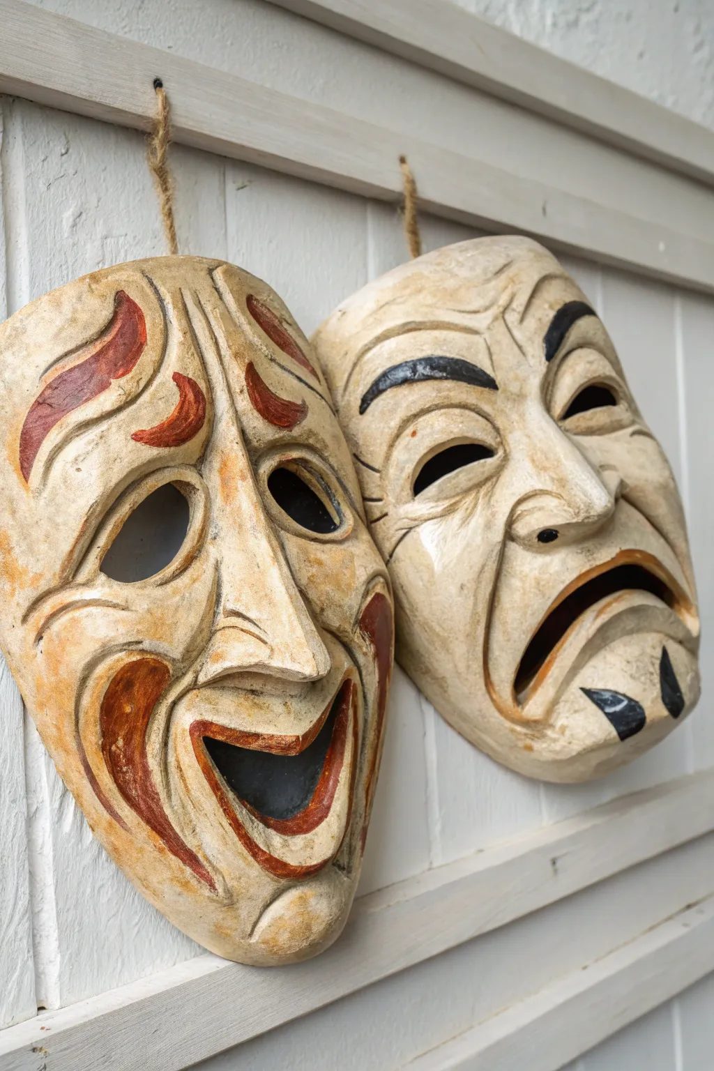 Handmade comedy and tragedy paper mache masks in a minimalist boho look with bold expressions