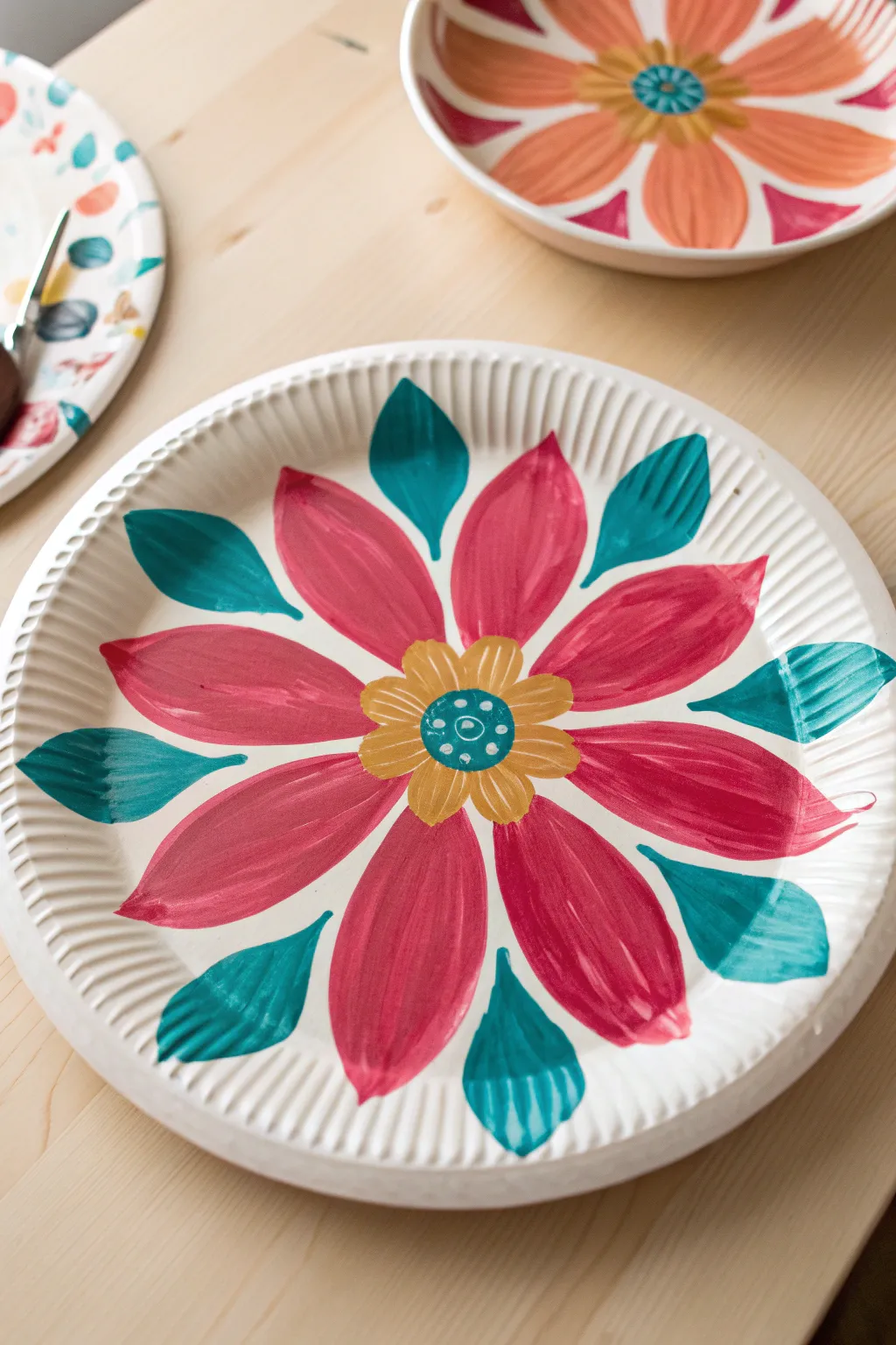 Bold flower burst paper plate painting with thick brushstrokes and crisp high-contrast color.