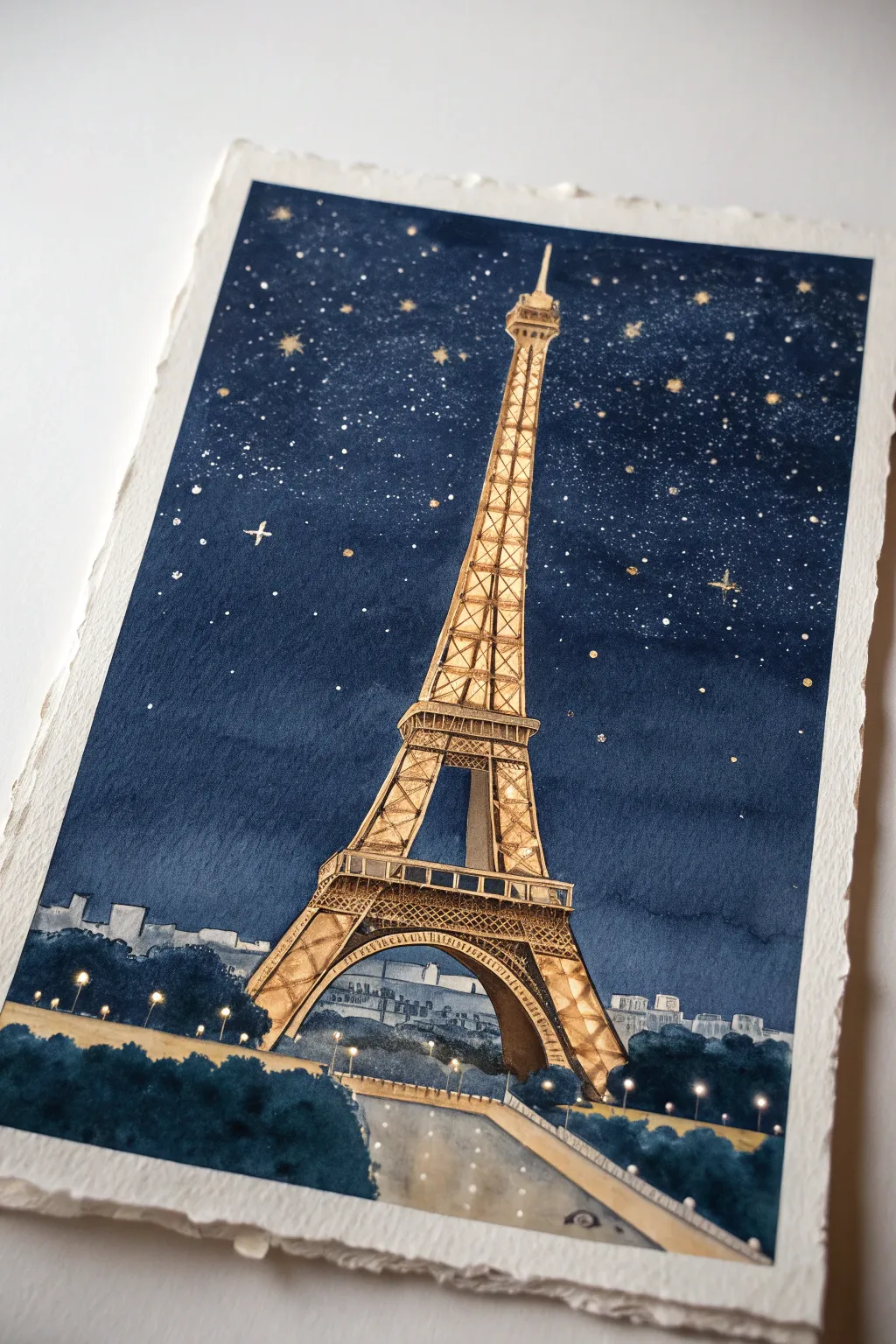 Eiffel Tower night glow in warm gold, with tiny sparkles and soft Paris bokeh lights