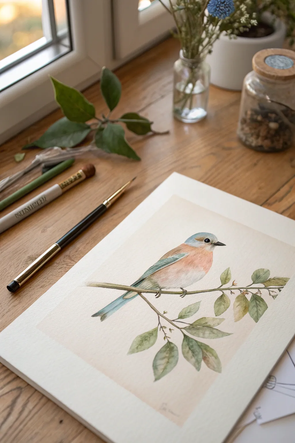 Quick pastel bird study: simple branch, bold soft colors, and a clean eye highlight