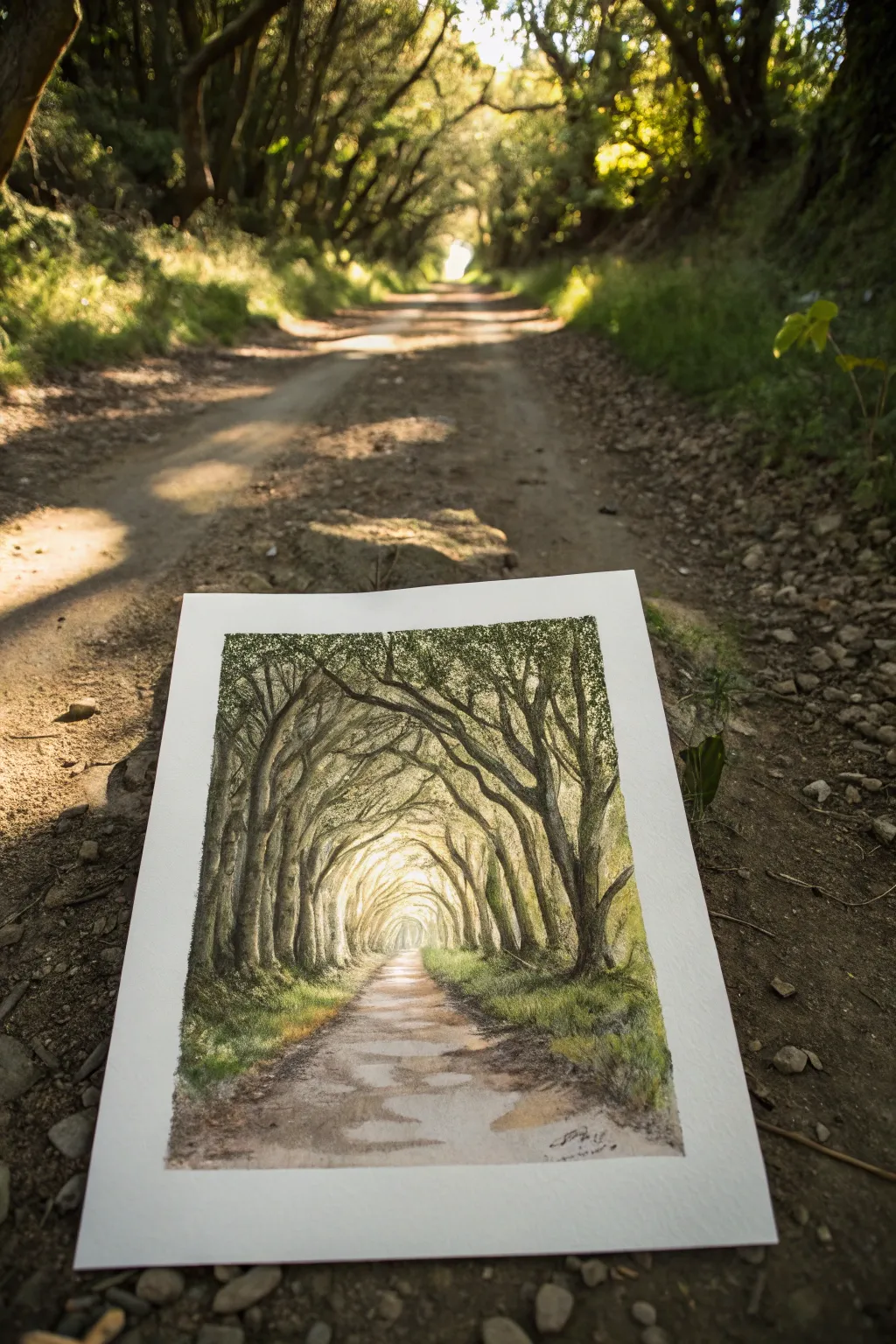 Tree tunnel path idea: arching canopy, dappled shadows, bright opening drawing focus