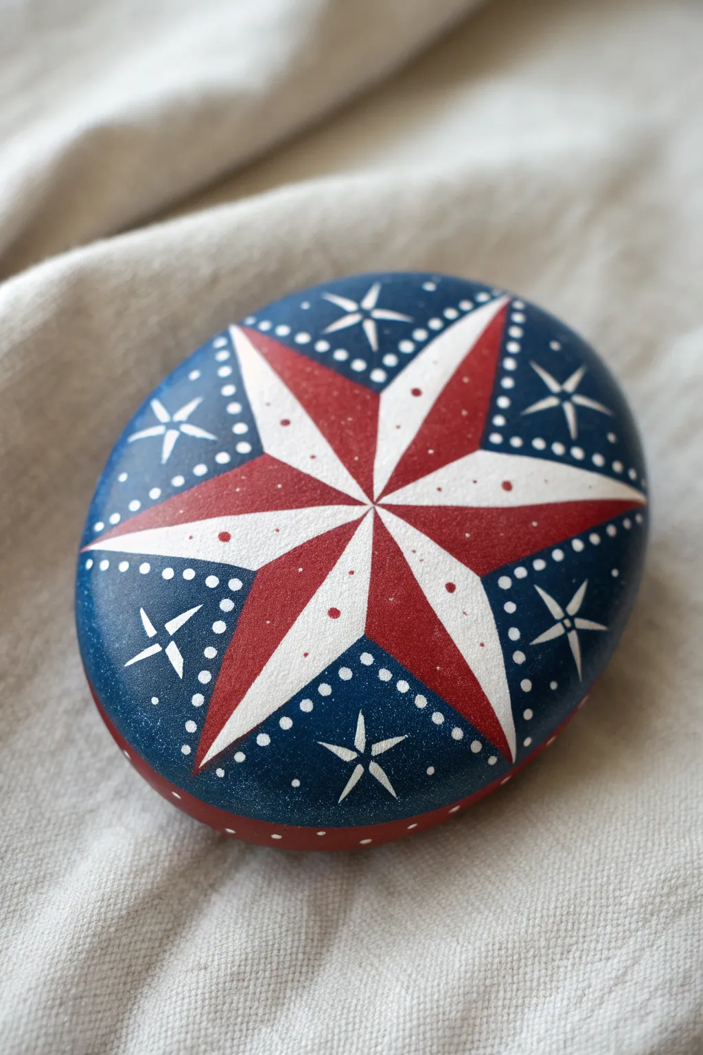 Red white and blue starburst rock with a crisp white star, minimalist and boho-ready.