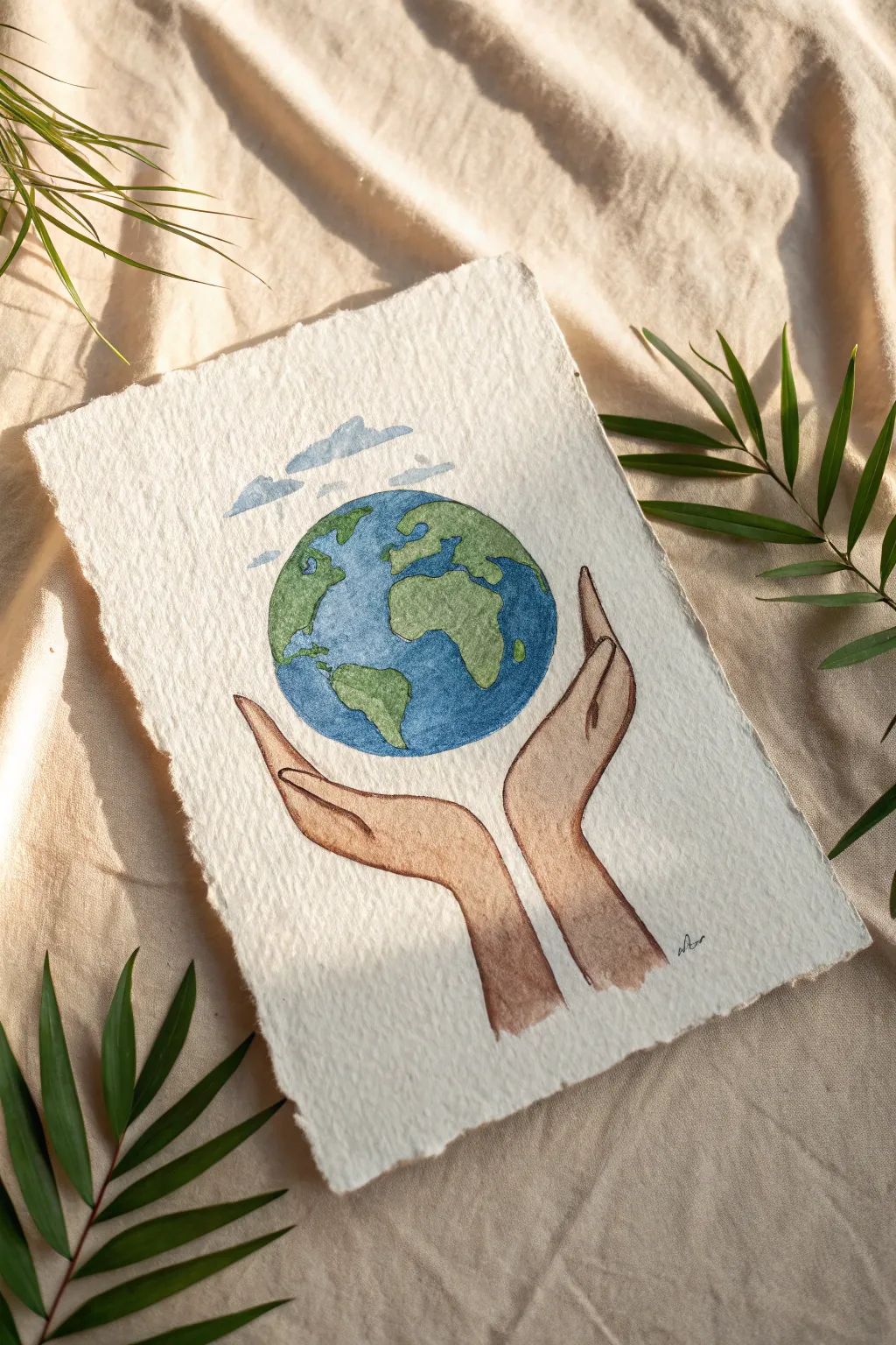 Gentle hands holding Earth in soft watercolor tones, a calm minimalist peace painting idea.