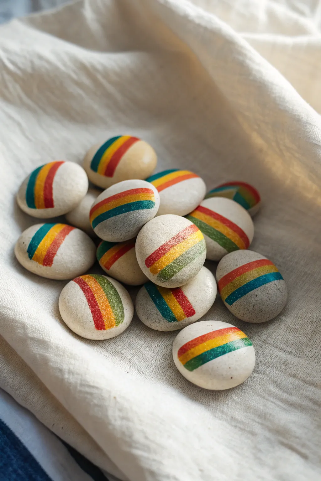 Rainbow stripe pebble rocks in a clean minimalist flat lay, bright colors and calming boho texture