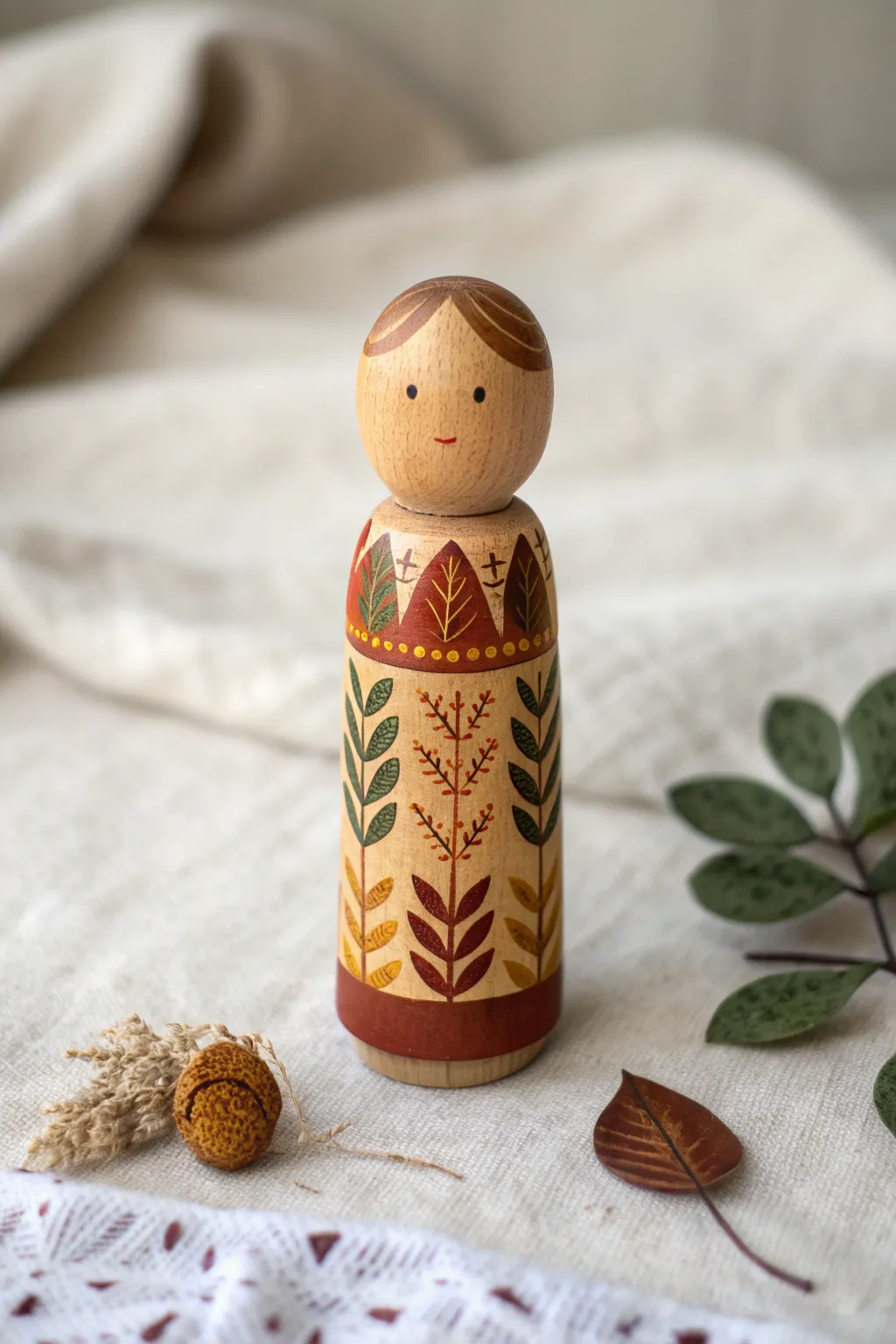 Autumn peg doll in a cozy leaf sweater, styled with dried leaves in rustic fall hues.