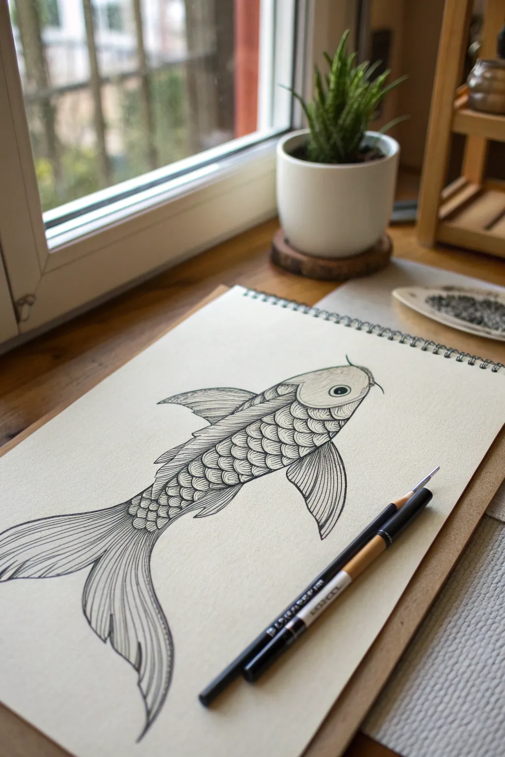 Pen drawn fish with C curve scales and sweeping fins, stippling shadows for pattern practice.
