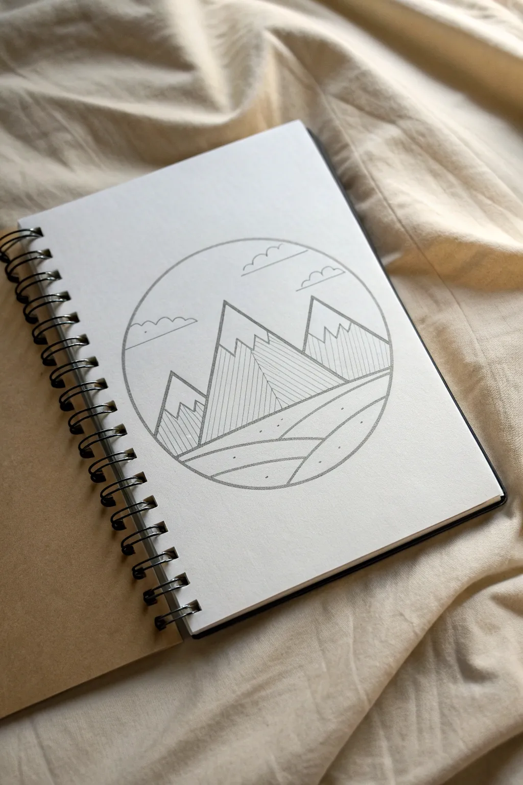 Pencil abstract landscape in a clean circle frame, with angular peaks and soft misty shading