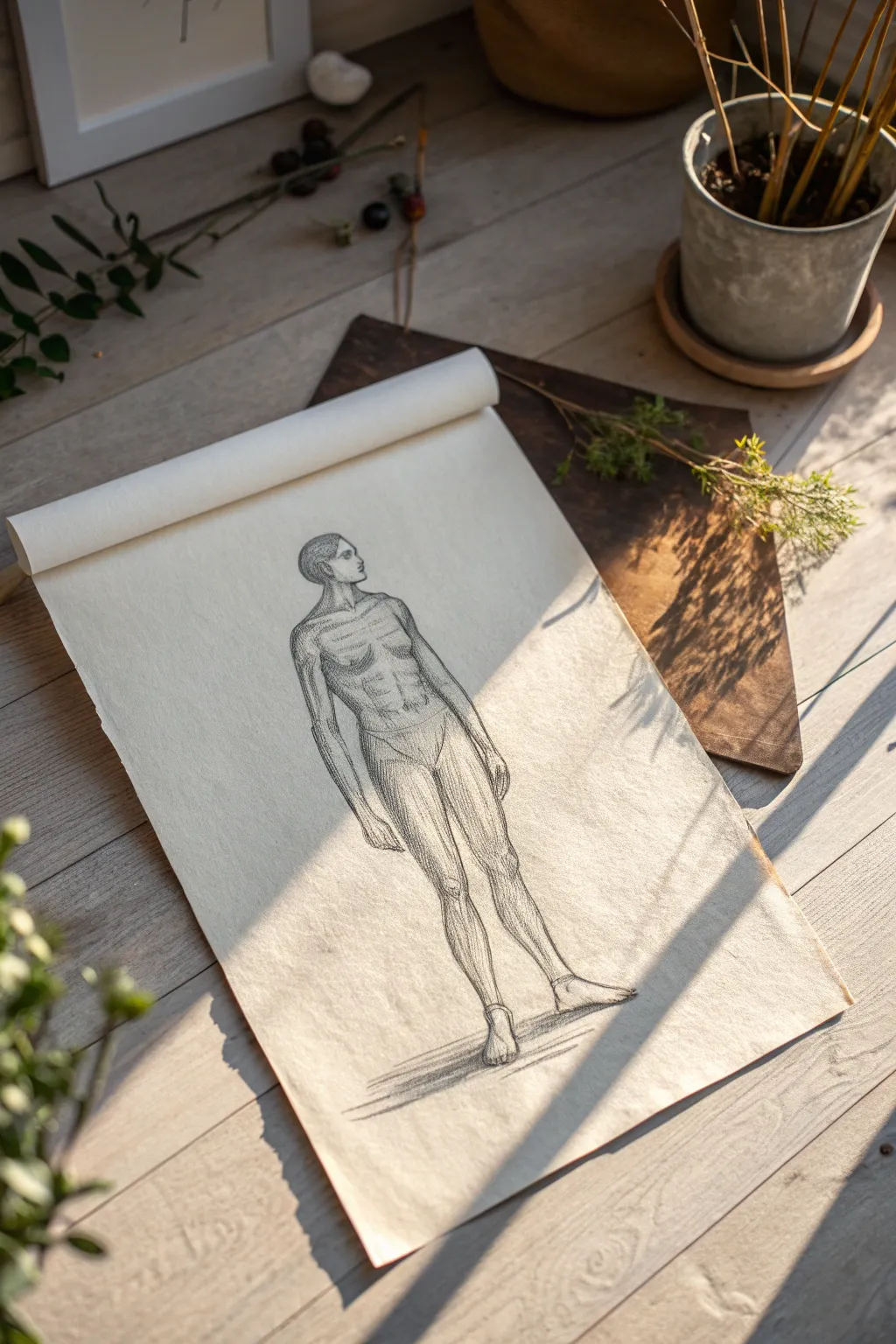 Minimal full-body figure sketch with gentle weight shift for natural proportion practice