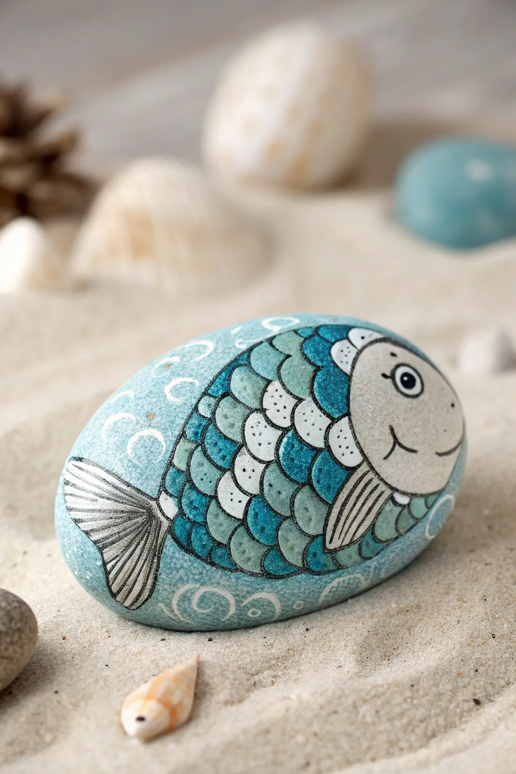 Fish scale pet rock in layered ocean blues on soft sand with tiny shells, minimalist boho vibe