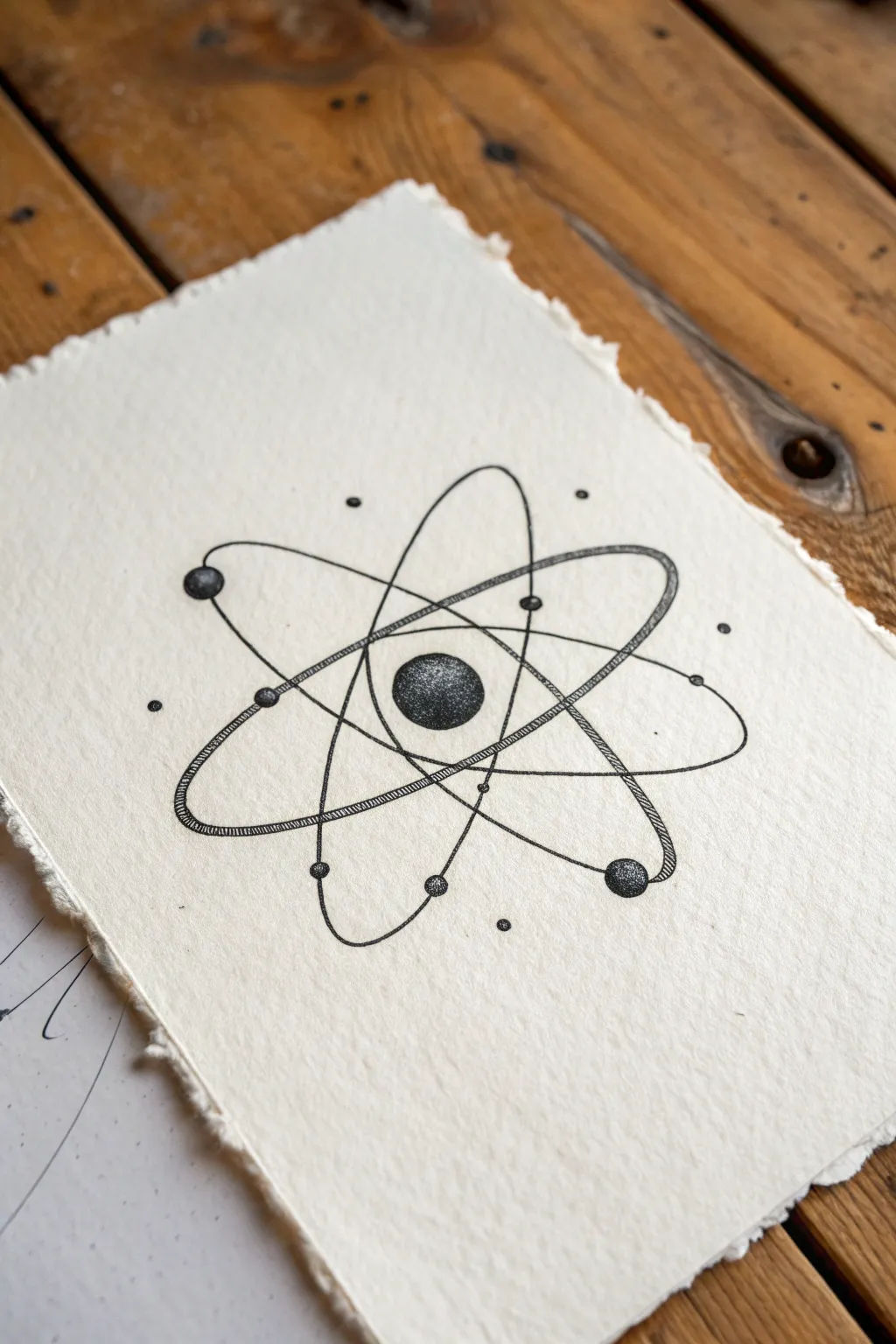 Minimal atom sketch with dotted particle paths, perfect for physics drawing inspiration