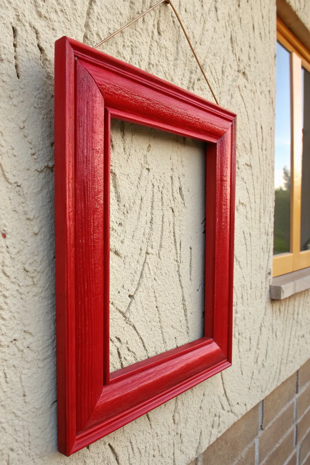 Elevate neutral walls with a bold, high-gloss red statement frame.