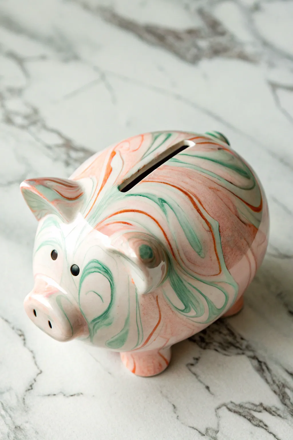 Top-down marbled piggy bank with flowing swirls from snout to tail and crisp contrast