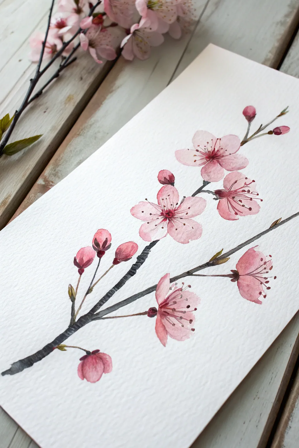 Pink blossom branch ink-and-wash: airy pink washes with crisp ink lines in minimalist calm