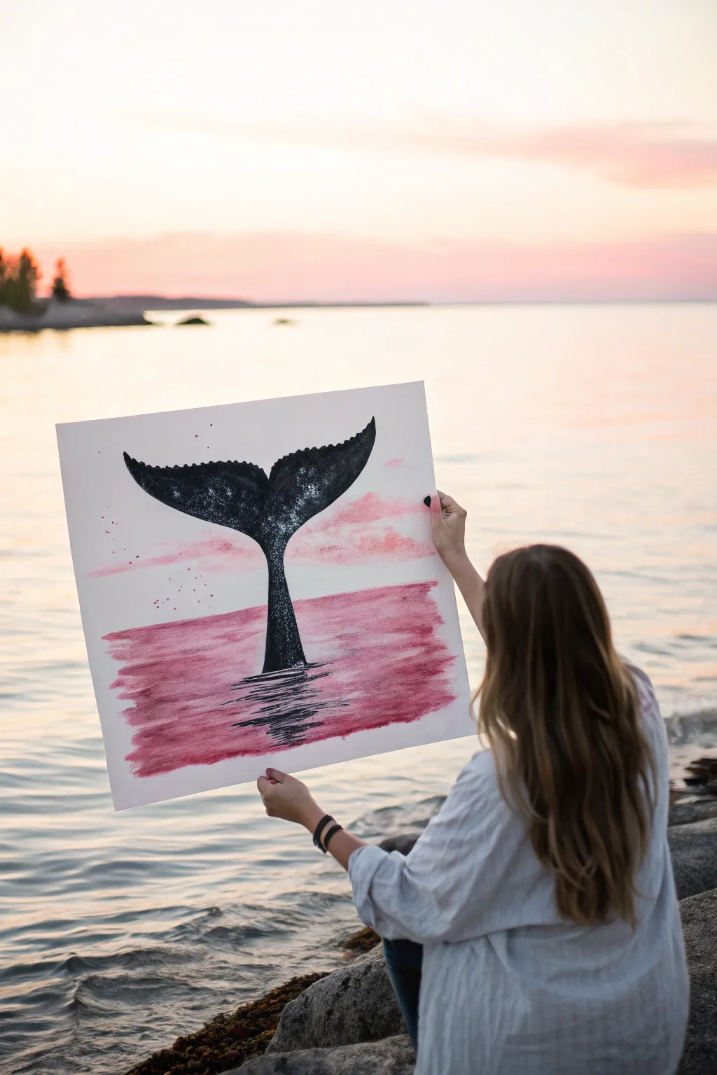 Easy pink painting idea: bold black whale tail silhouette rising from rosy water.