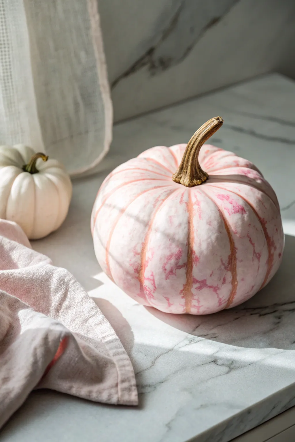 Marble-effect pink pumpkin with luxe veining, styled minimal for a Scandinavian-boho finish.