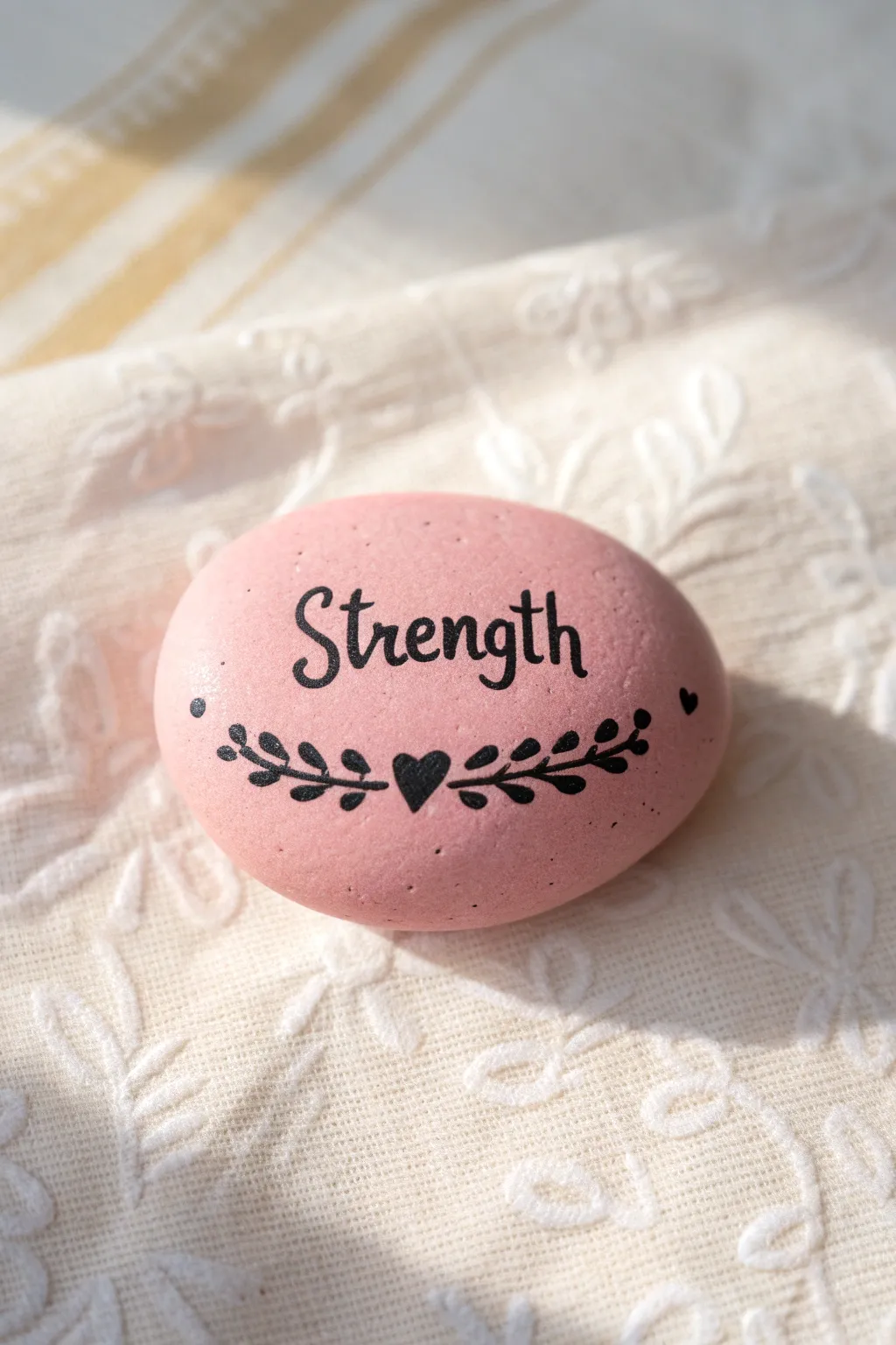 Blush pink affirmation rock with Strength lettering and tiny hearts for calm, feminine strength.
