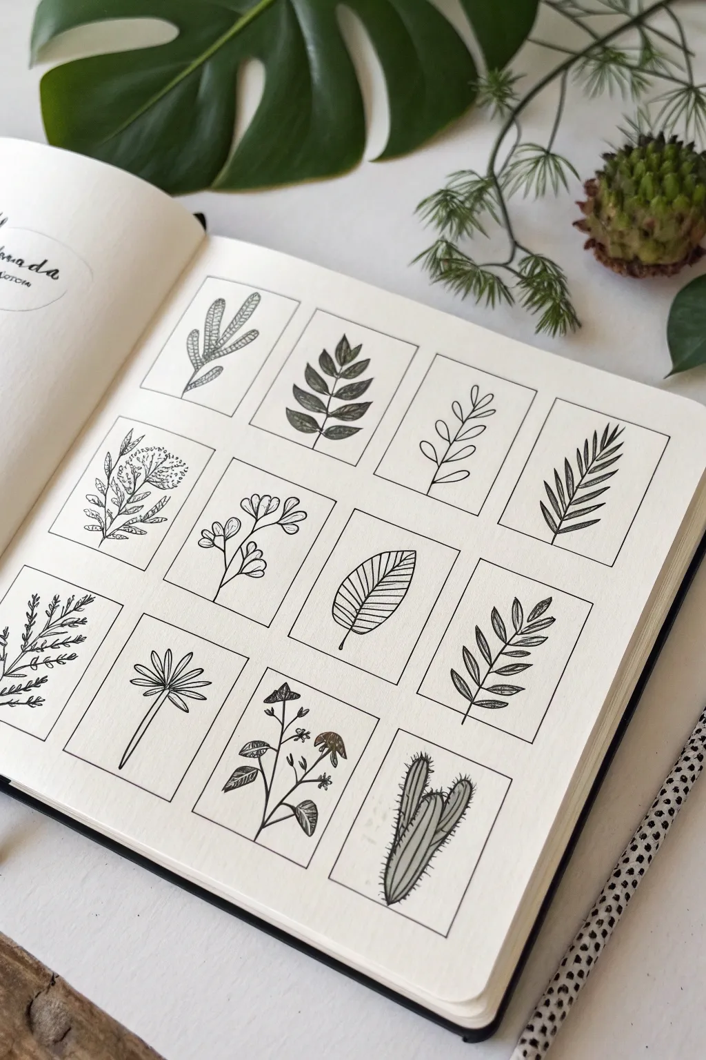 Twelve simple plant doodles in a tidy grid, a mini collection to inspire your next sketch