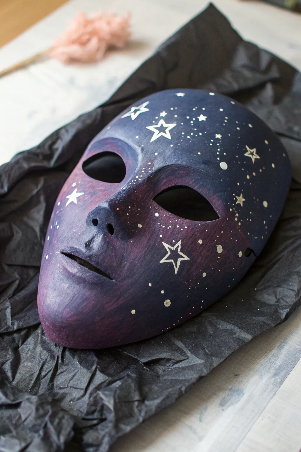 Galaxy and starfield plaster mask idea with a dreamy gradient and minimal splatter on black