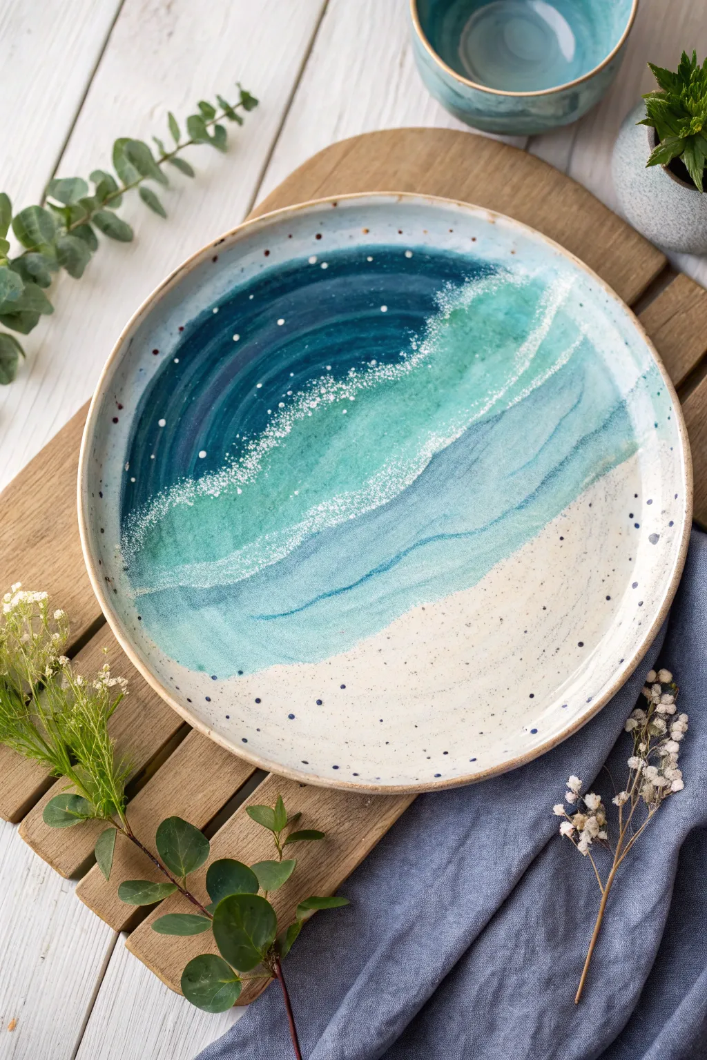 Coastal wave band platter: layered blues and white highlights for an airy seaside rim design