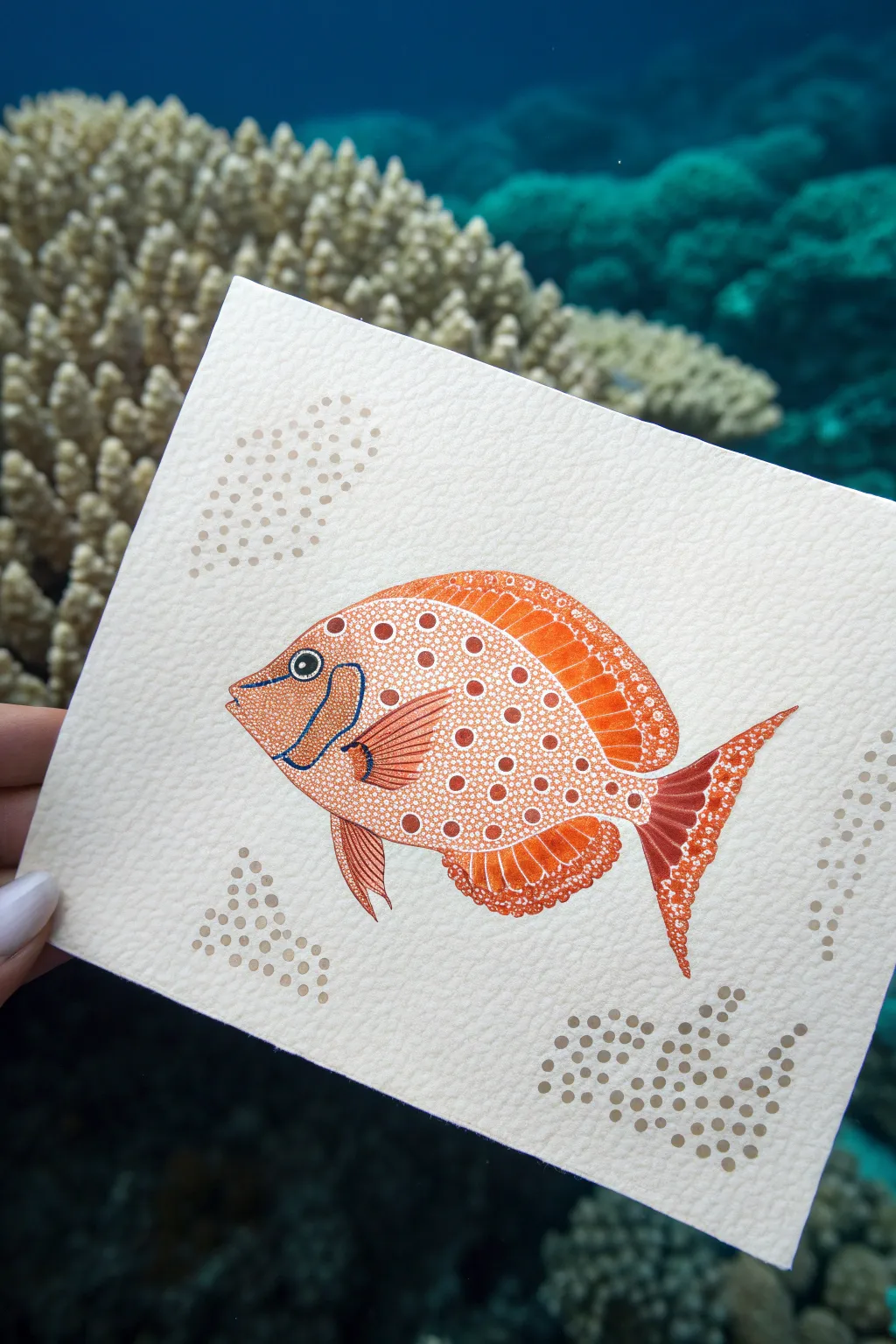 Pointillism underwater fish with bubble dots and coral dots, calm boho minimalist vibes