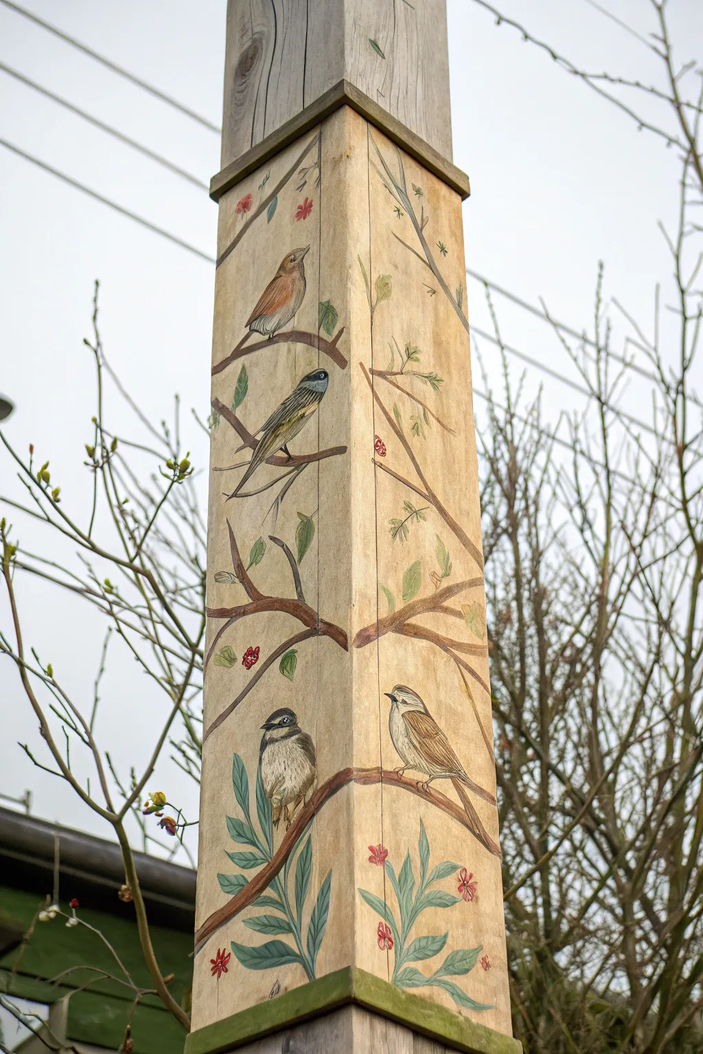 Paint one branch around the pole and let different birds appear on each side for a sweet story.