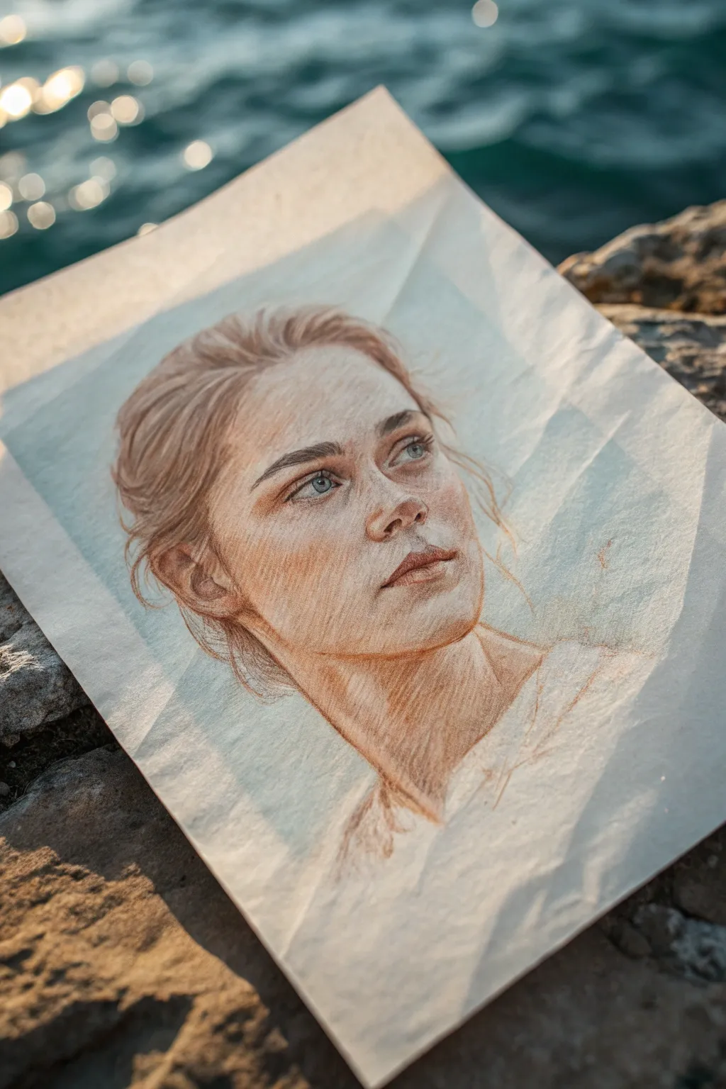 Warm portrait study with a muted blue-green wash background for an effortless cool contrast.