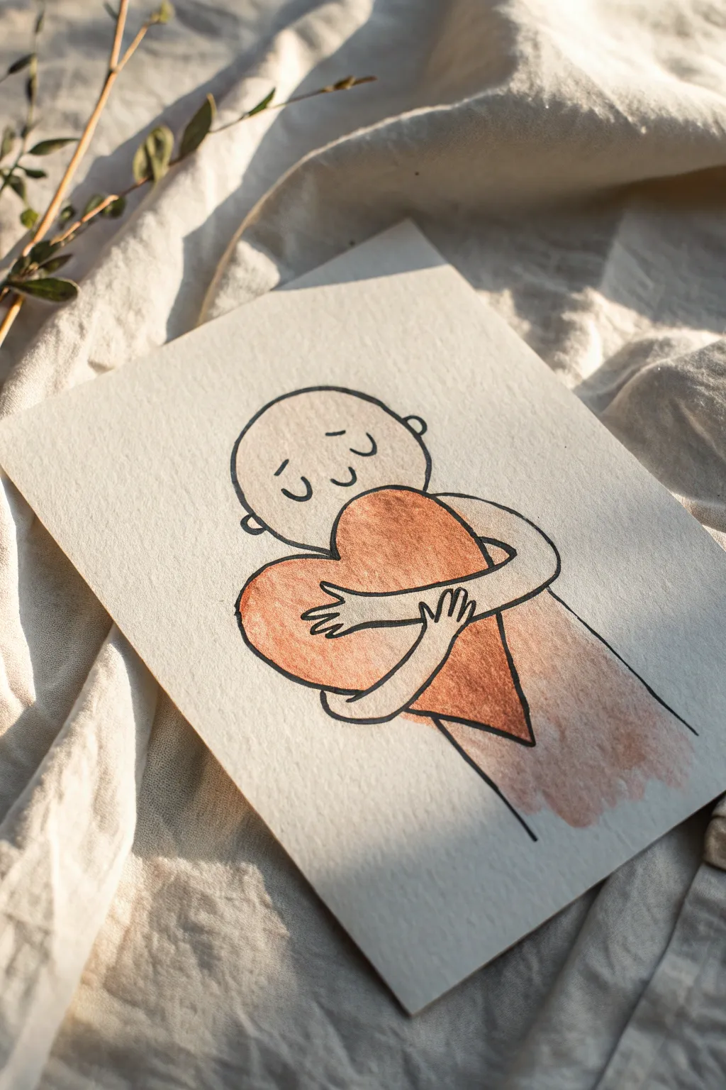 Minimal self-love sketch idea: a simple figure hugging a heart, calm lines and cozy warmth.
