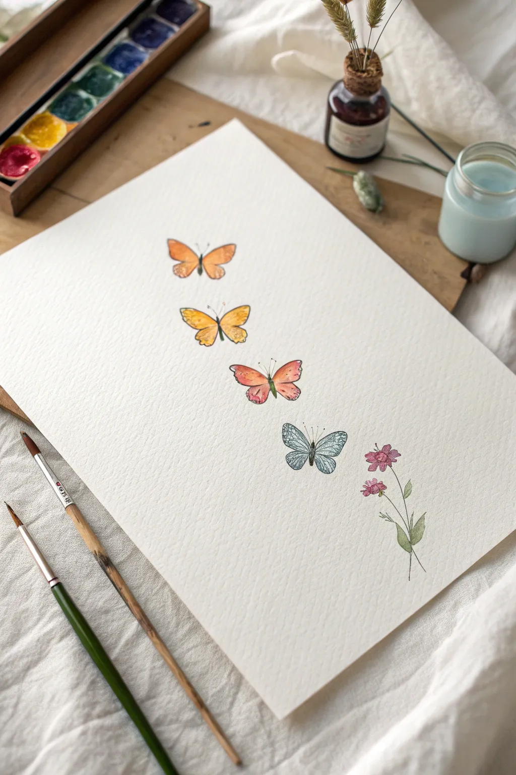 Bright watercolor butterflies rising on clean white paper, a gentle symbol of positive change