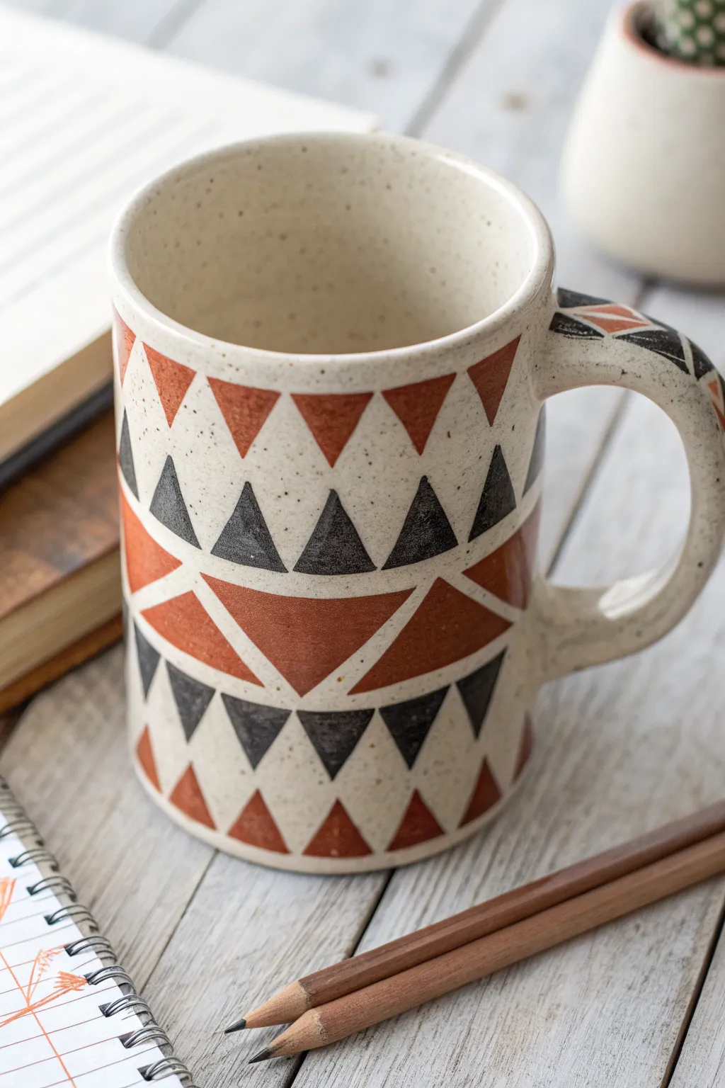 Bold triangle and diamond mug design with simple sketch planning, minimalist Scandinavian boho vibes