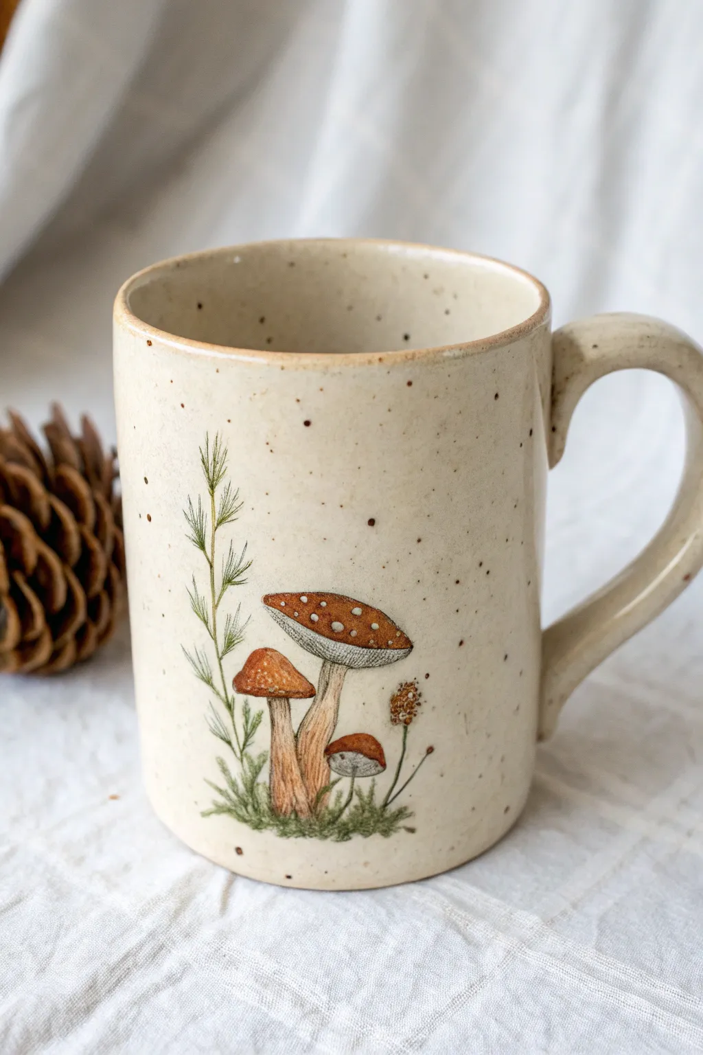 Minimalist pottery mug with a tiny mushroom cluster design for soft cottagecore vibes