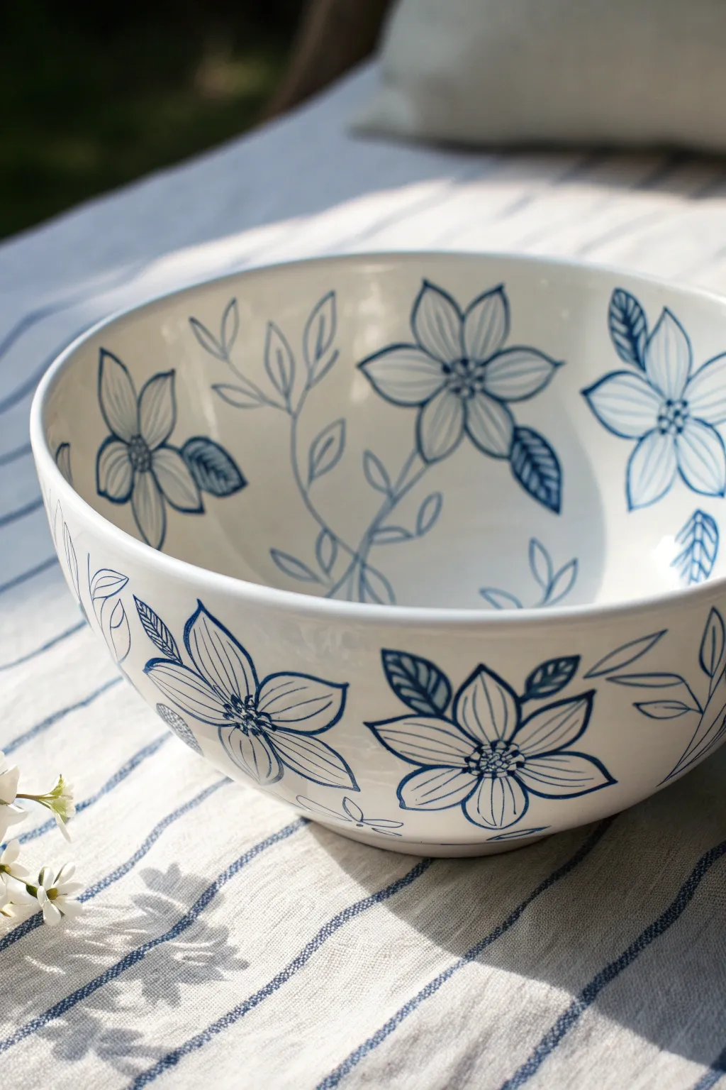 Blue-and-white floral pottery bowl with crisp linework, minimal styling, bright natural light