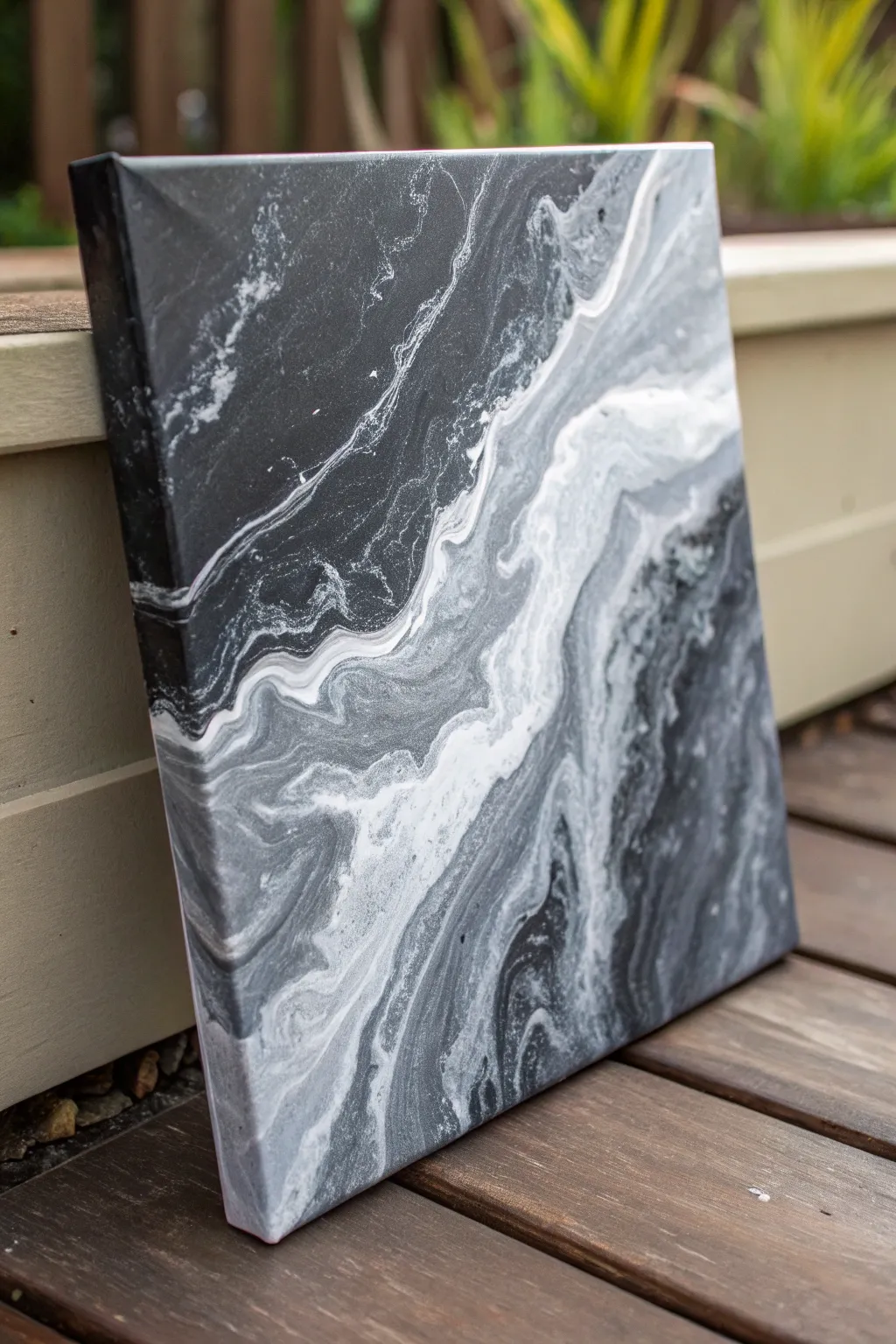 Monochrome gray pour painting with dramatic marble swirls, smoky veining, and soft transitions.