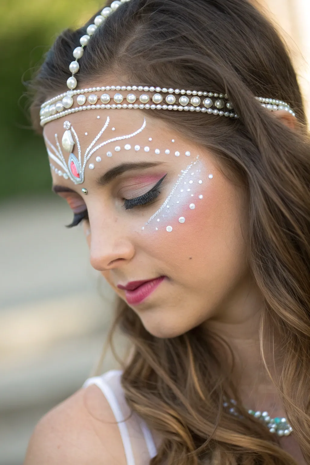 Pearl dot forehead band with tiny crown point and soft shimmer lids, princess-ready