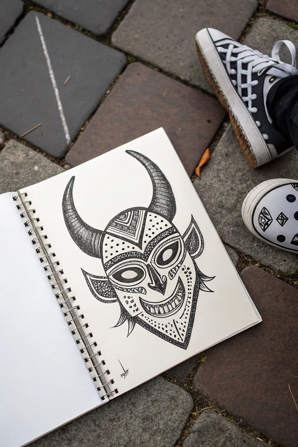 Sketch a bold Vejigante mask: front view focus with tiny side doodles for character