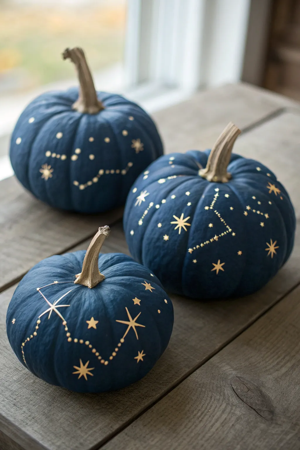 Constellation pumpkins in deep midnight blue, carved star points glowing on a clean Nordic backdrop