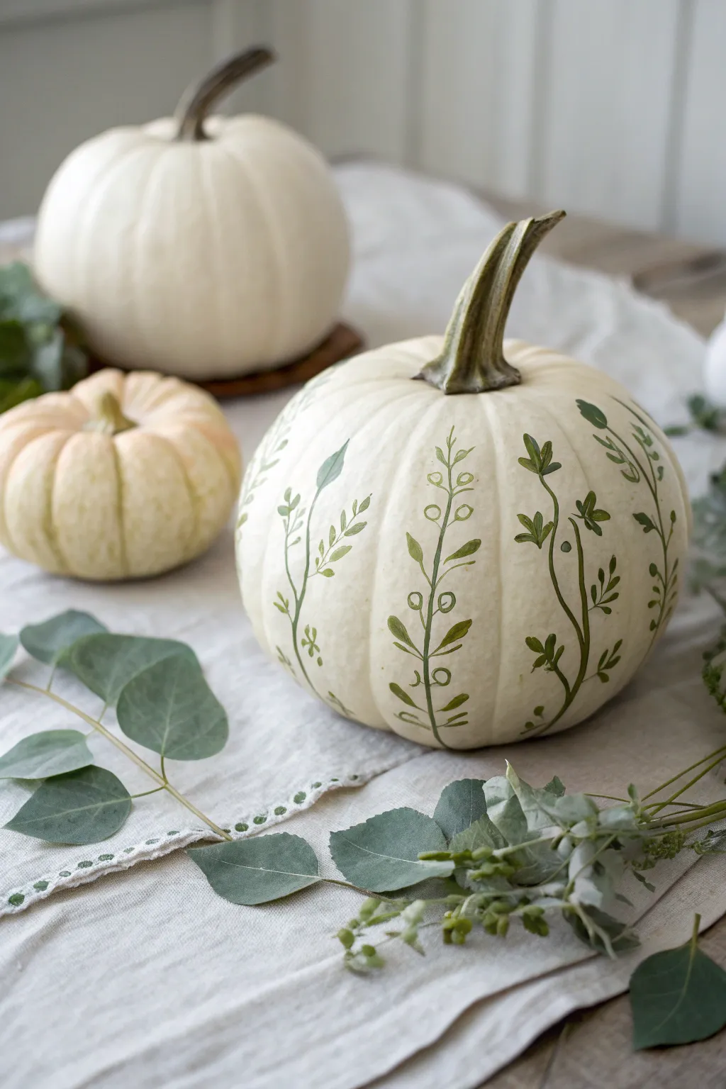 Minimal vine-wrapped pumpkin with delicate sage brushwork for a calm autumn porch moment