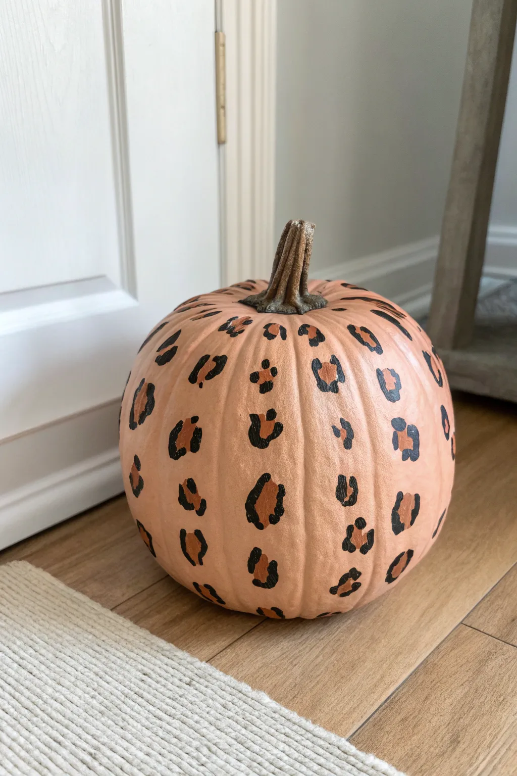 Blush tan leopard print pumpkin with clean Scandinavian styling and soft boho accents