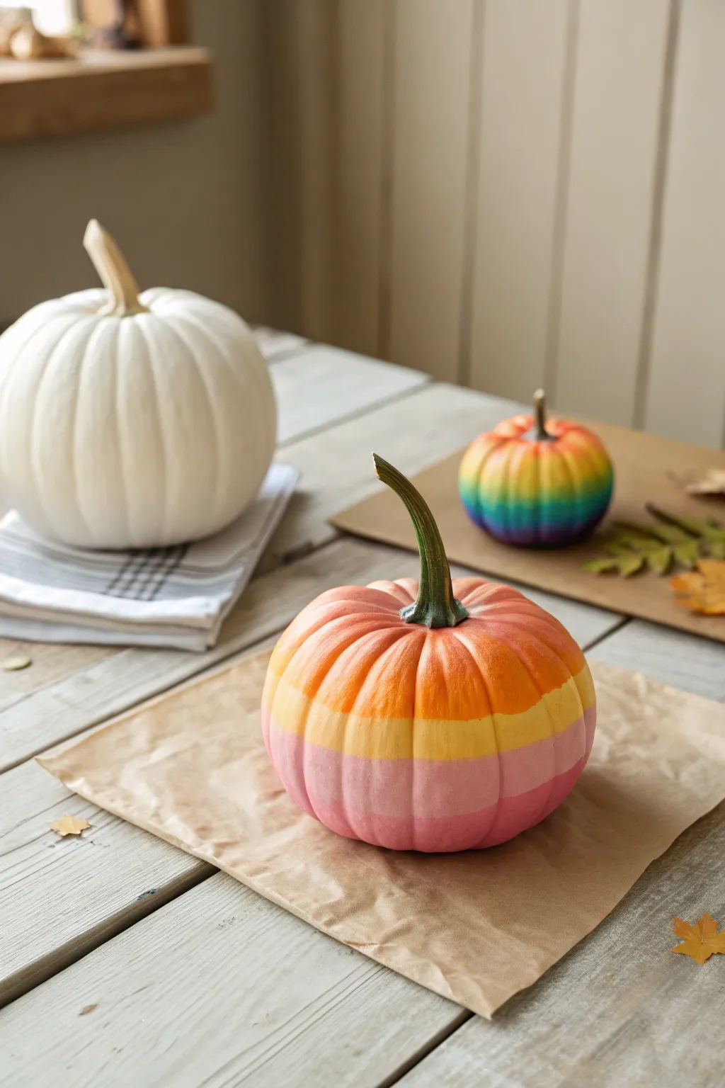 Rainbow ombre pumpkin craft with a soft minimalist setup and a tiny in-progress pumpkin nearby